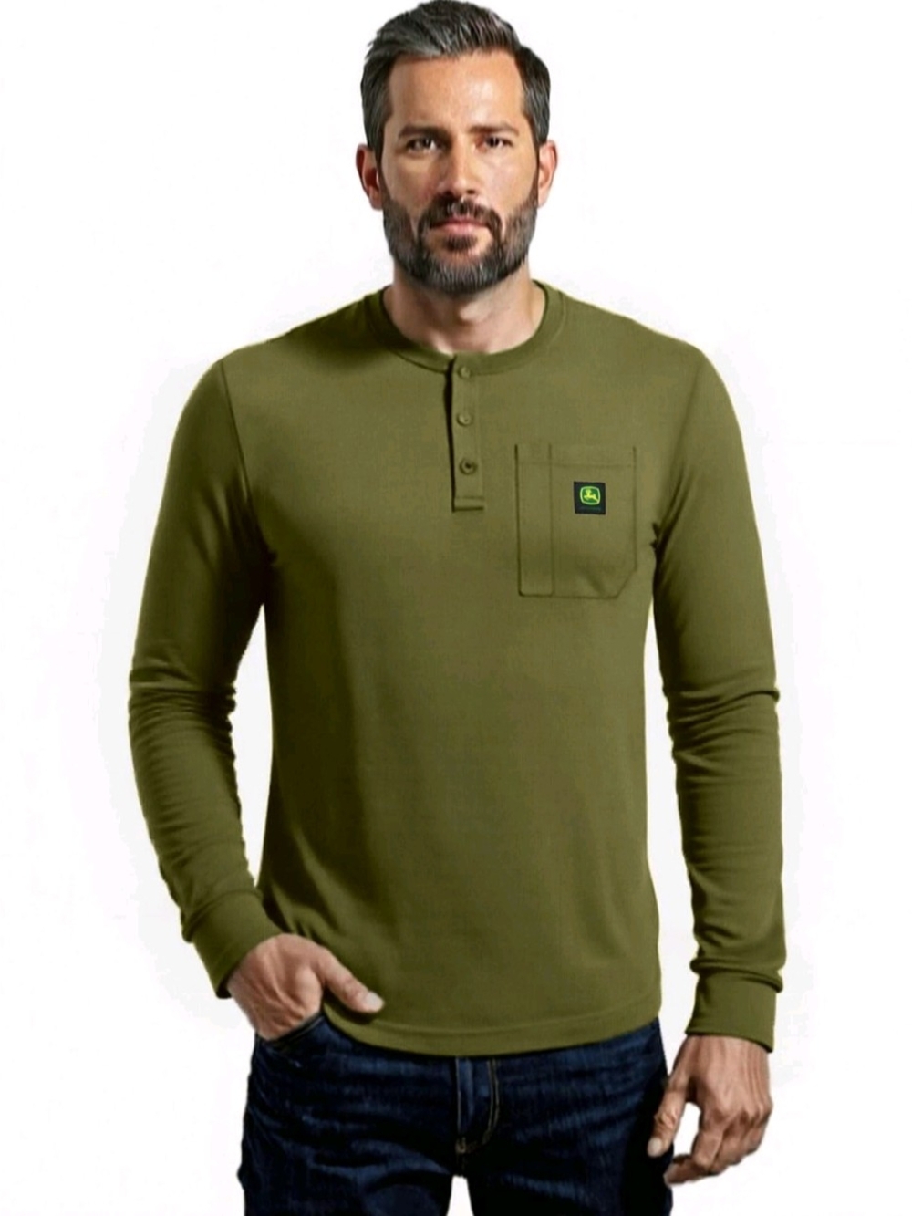 John Deere Olive Thermal Henley Long-Sleeve Pocket Tee
